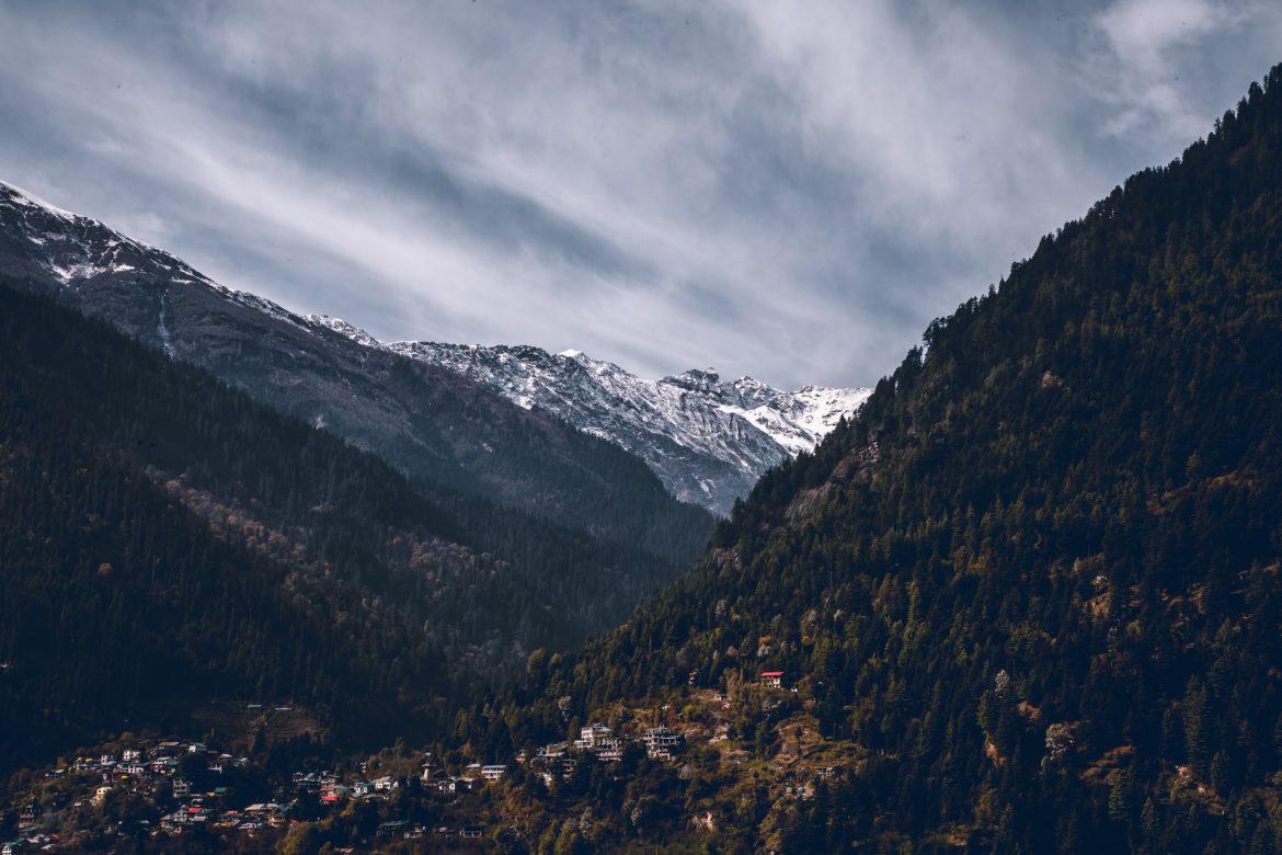 An aerial view of Manali, a small Himalayan resort town in Himachal Pradesh, India