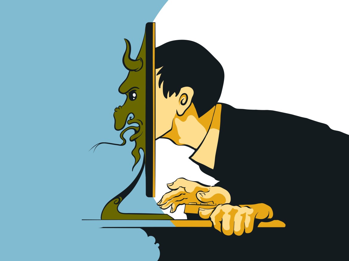 A graphical image depicting a person's face inside the computer transforming into a troll